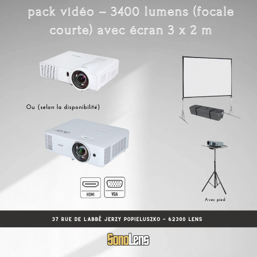 Location Pack Vidéo - 3400 Lumens (focale courte) + Ecran 3m x 2m