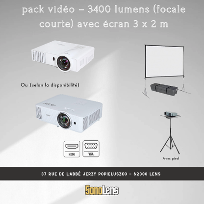Location Pack Vidéo - 3400 Lumens (focale courte) + Ecran 3m x 2m