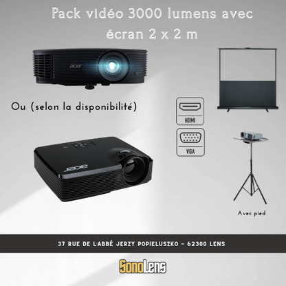 Location Pack Vidéo - 3000 Lumens + Ecran 2m x 2m