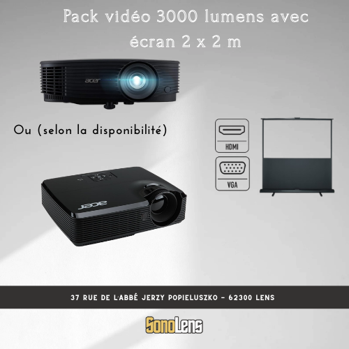 Location Pack Vidéo - 3000 Lumens + Ecran 2m x 2m
