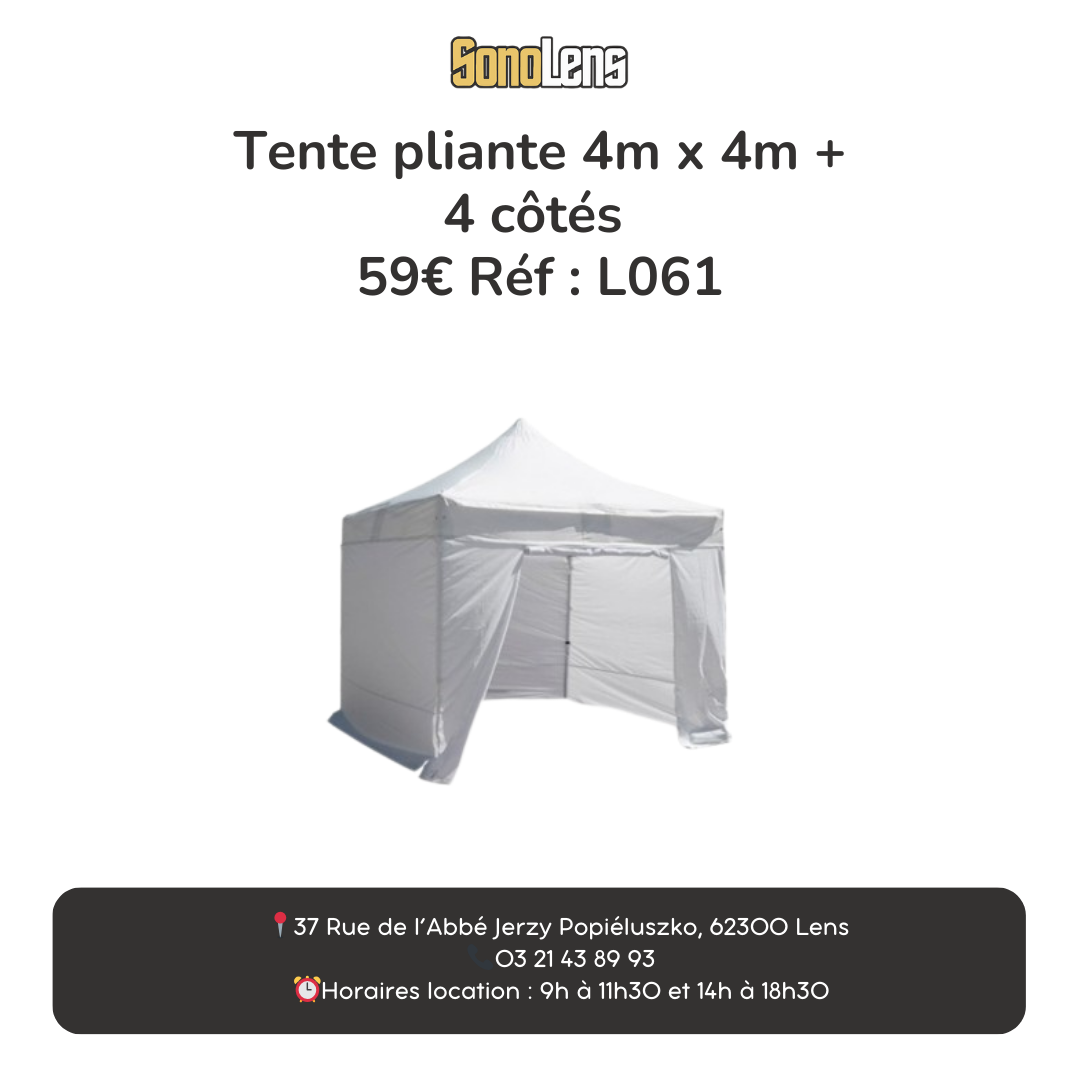 Location tente pliante 4m x 4m + 4 côtés
