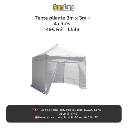 Location tente pliante 3m x 3m + 4 côtés