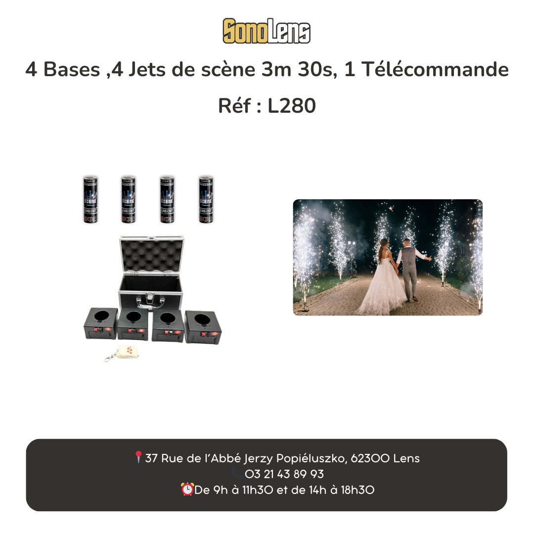 Location 4 bases + 1 télécommande + 4 jet de scène chauds 3m-30s