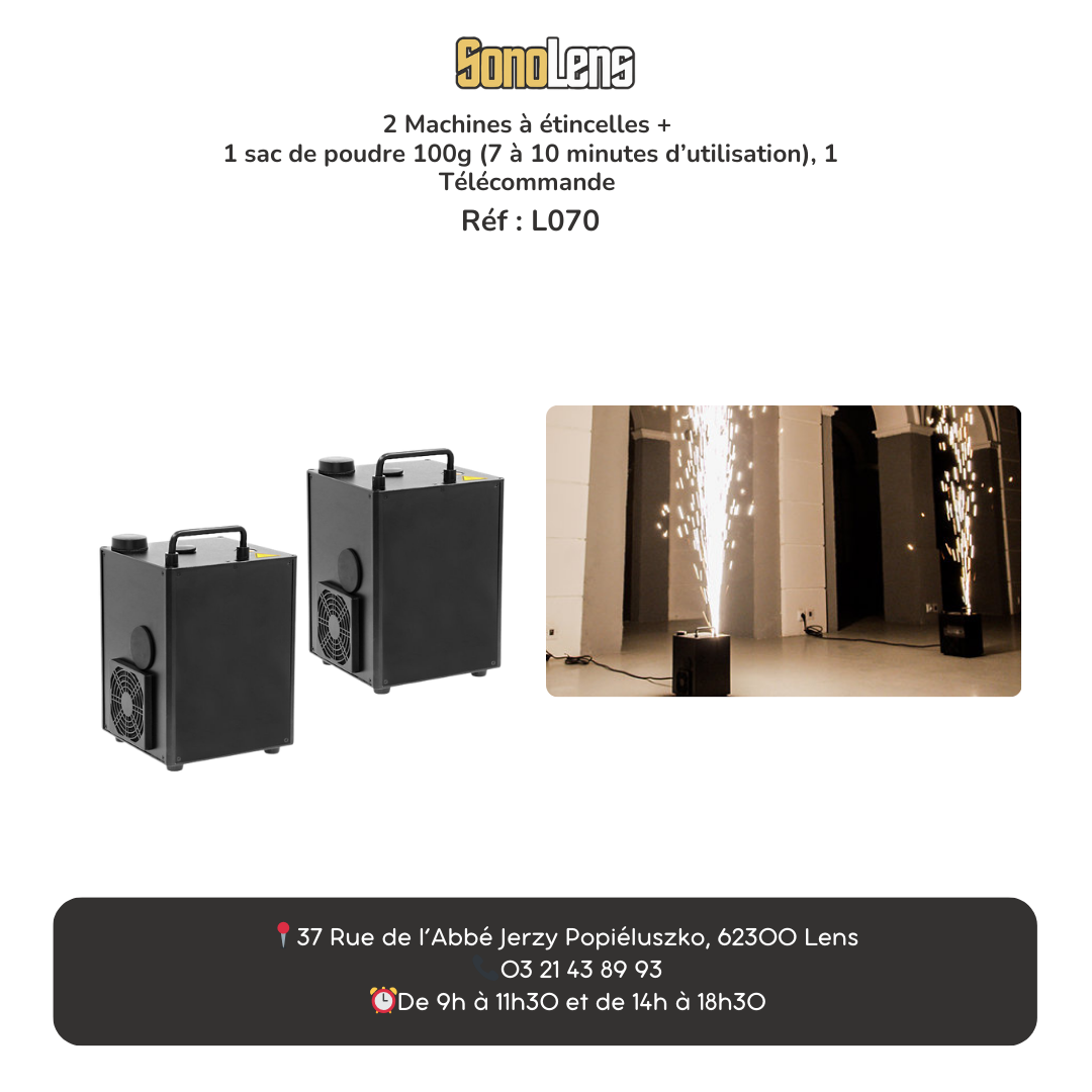 Location 2 machines à étincelle froide + 1 sac de poudre 100g + 1 télécommande