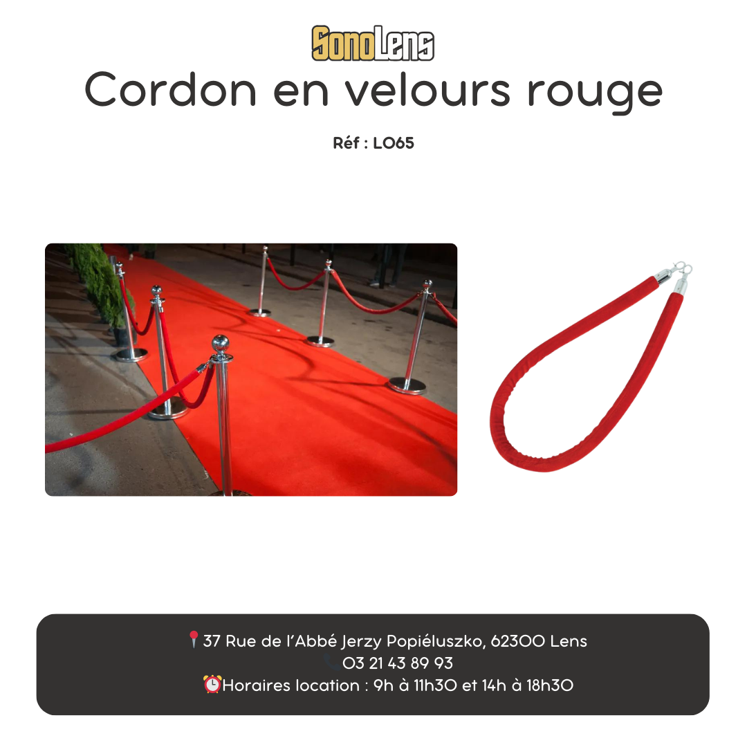 Location cordon en velours rouge pour poteau de guidage