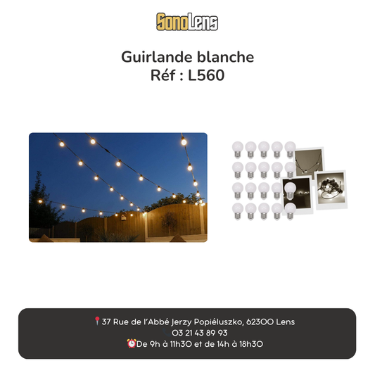 Location guirlande / guinguette blanche 10m intérieur et extérieur